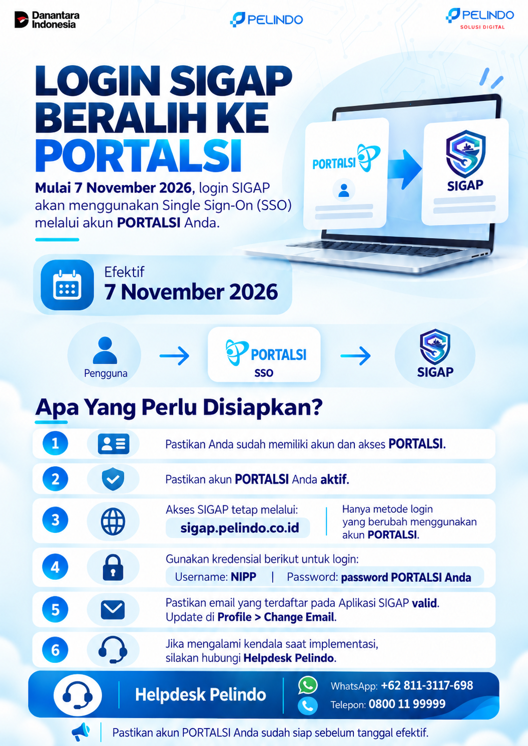 Pengumuman peralihan login SIGAP ke PortalSI mulai 7 November 2026, beserta persiapan akun dan kontak helpdesk.